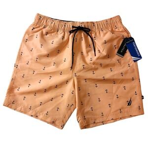Nautica Swim Trunks Mens Large Quick Dry Anchor Print 8" Guava Punch Orange NEW‎